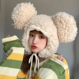 New Big-ear Bear Cashmere Bomber Hats Women Fluffy