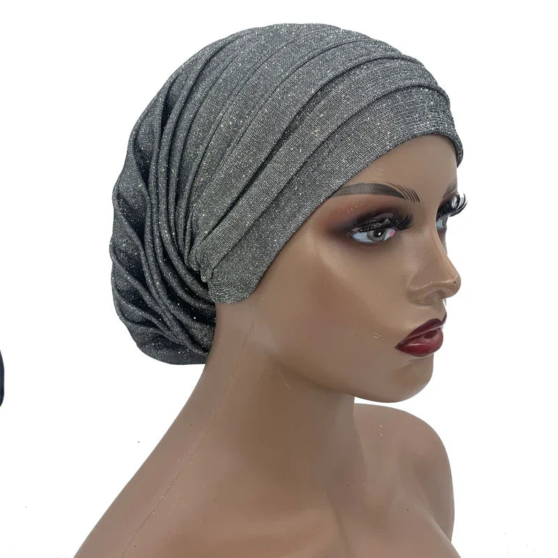 Glitter Pleated African Turban Cap Womens Head Wraps