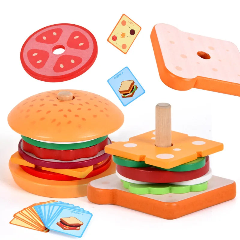 Montessori Toy For Kids,Wooden Hamburger Sandwich French Fries