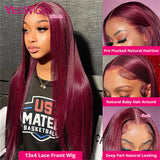 Burgundy 99J Red Colored Bone Straight Lace Front