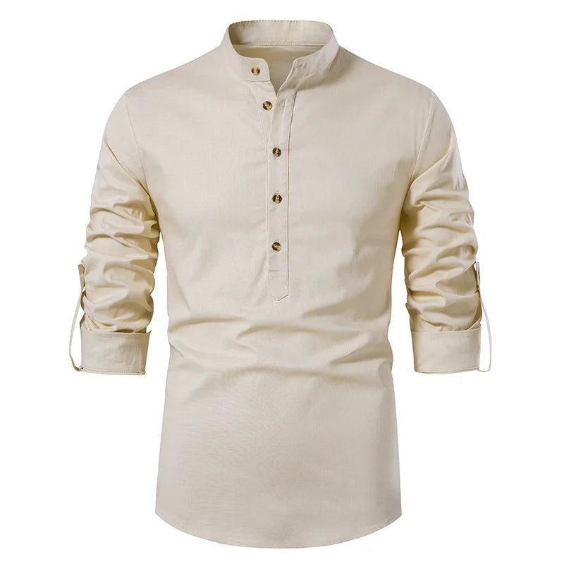White Roll Up Mandarin Collar Dress Shirt Men