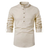 White Roll Up Mandarin Collar Dress Shirt Men