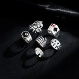 6Pcs Punk Poker Joker Silver Color Rings Set