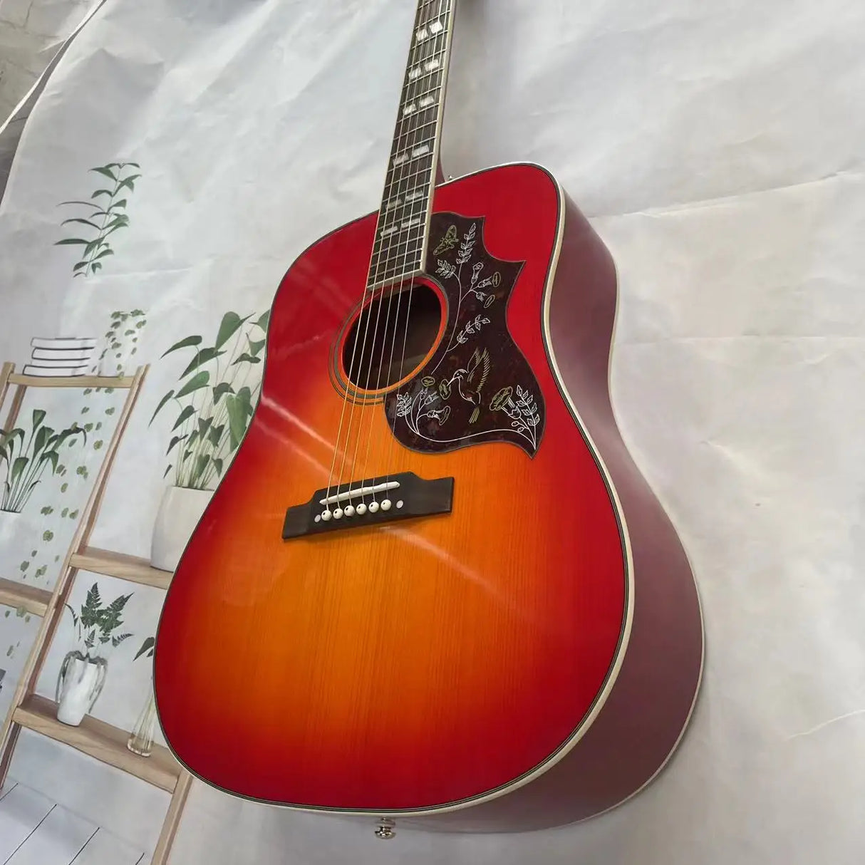 One piece connected wooden guitar, tomato color, real