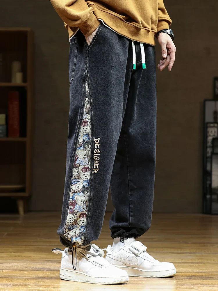 Spring Autumn Men's Straight Jeans Fashion Bear Patchwork