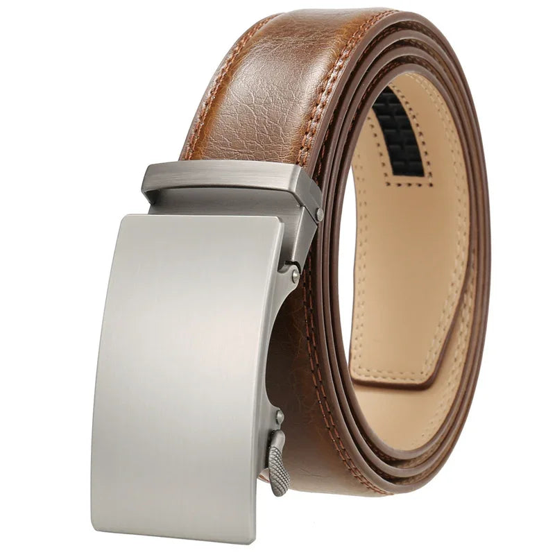 Plyesxale Brown Leather Belt Men 2024 Automatic Buckle