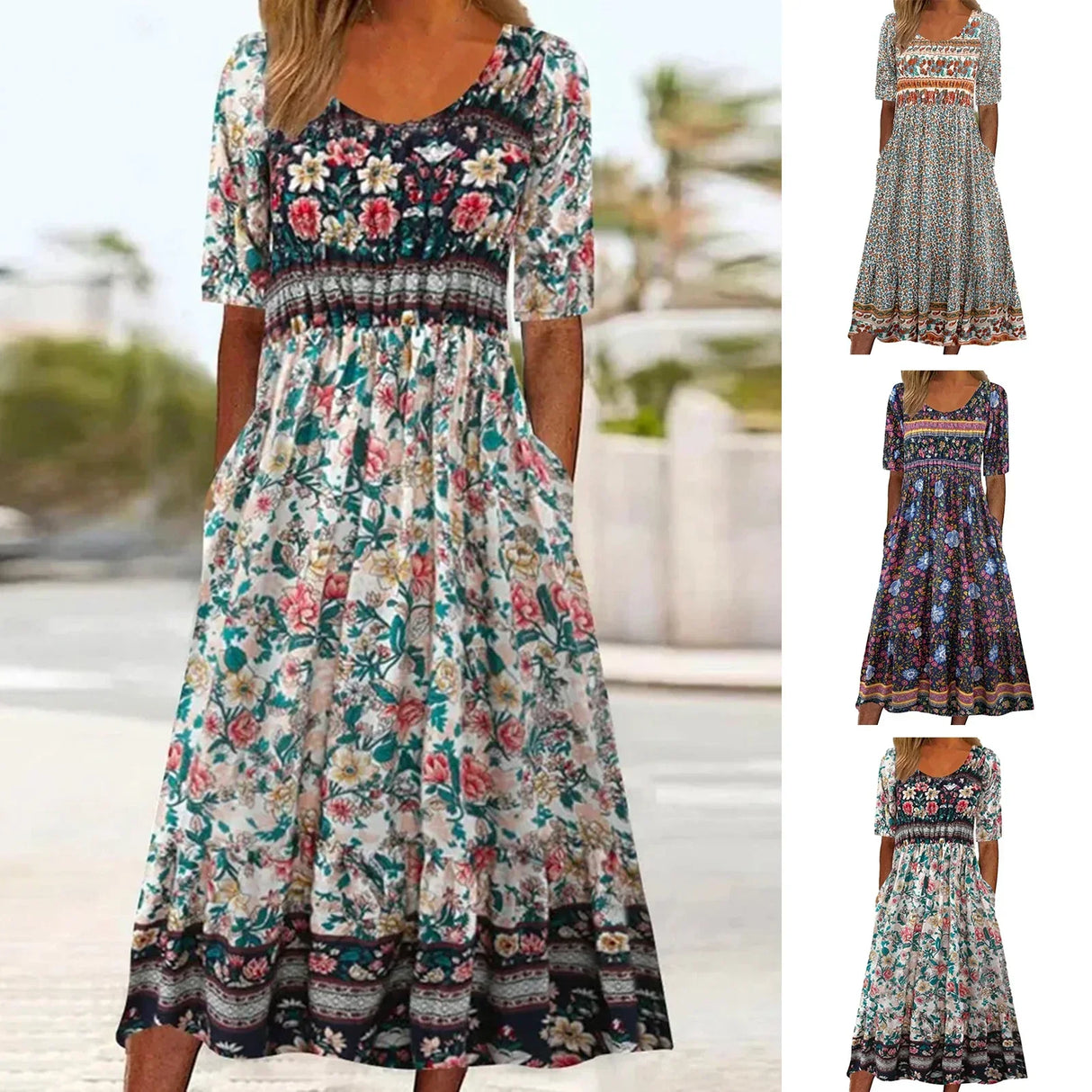 2023 Vintage Boho Stripe Print Women Sundress Summer