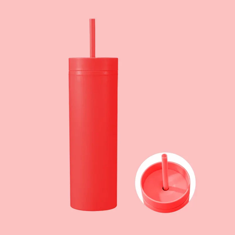 Plastic Straw Cup Double-Layer Water Bottles Coffee Cup