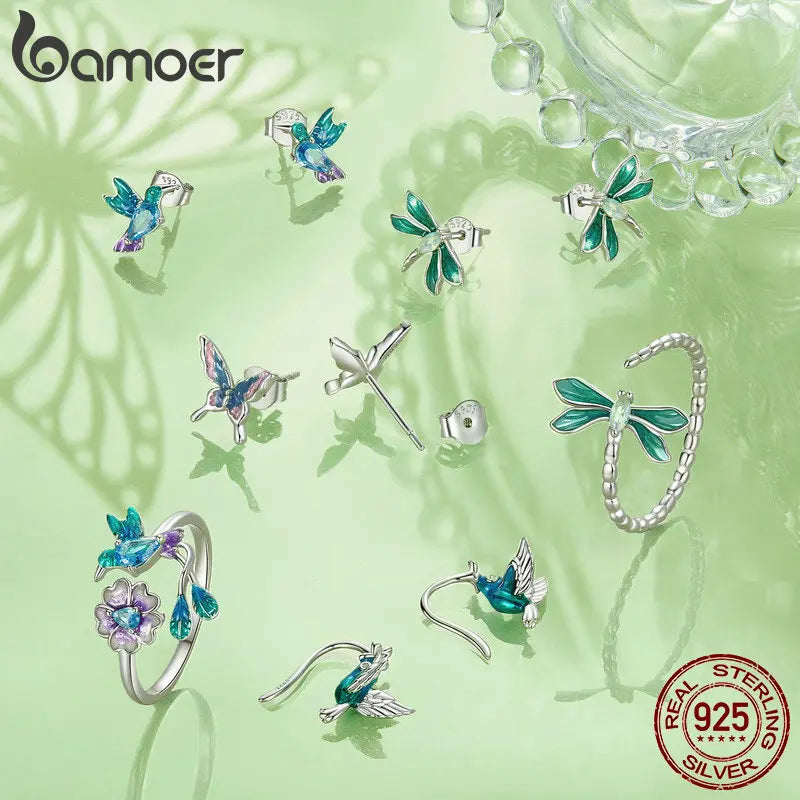 Bamoer 925 Sterling Silver Green Dragonfly Stud Earrings