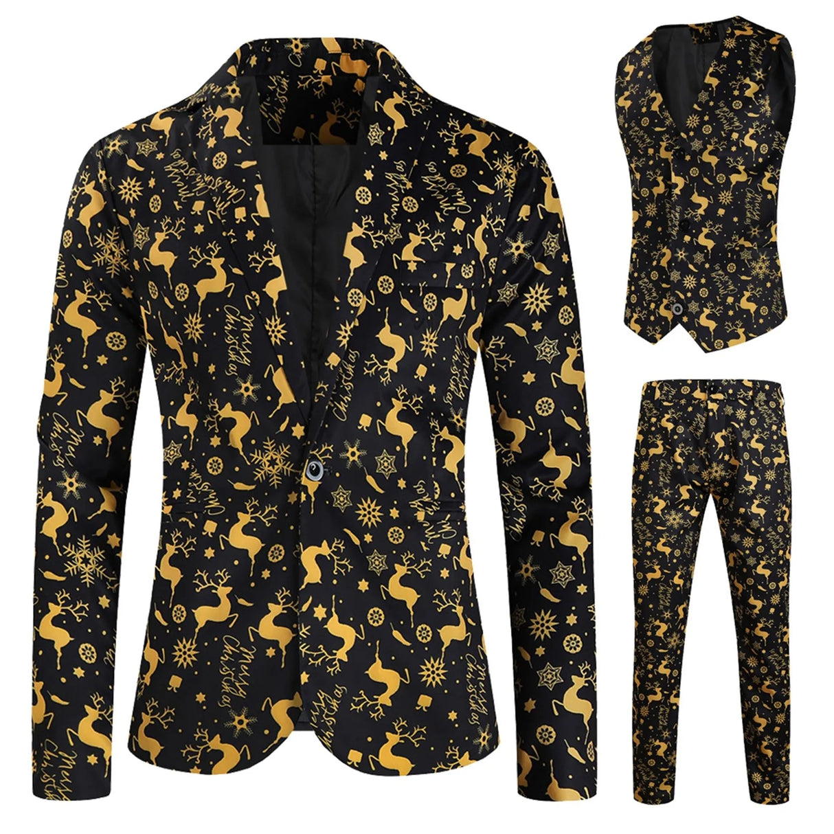 Mens Fashion Casual Suit Printed Christmas Jacket Pants