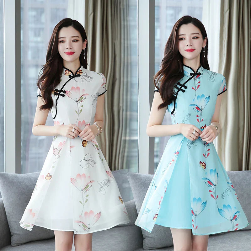 2023 Summer New Modern Improved Cheongsam Chiffon Printing