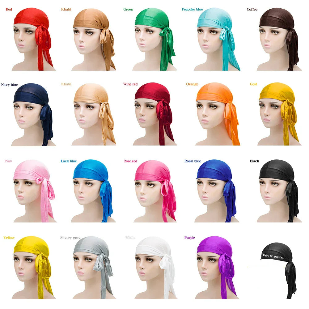 Unisex Silky Satin Durags Bandanas Turban Hat Elastic