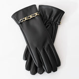 Fashion Chain Women' PU Leather Gloves Winter Warm