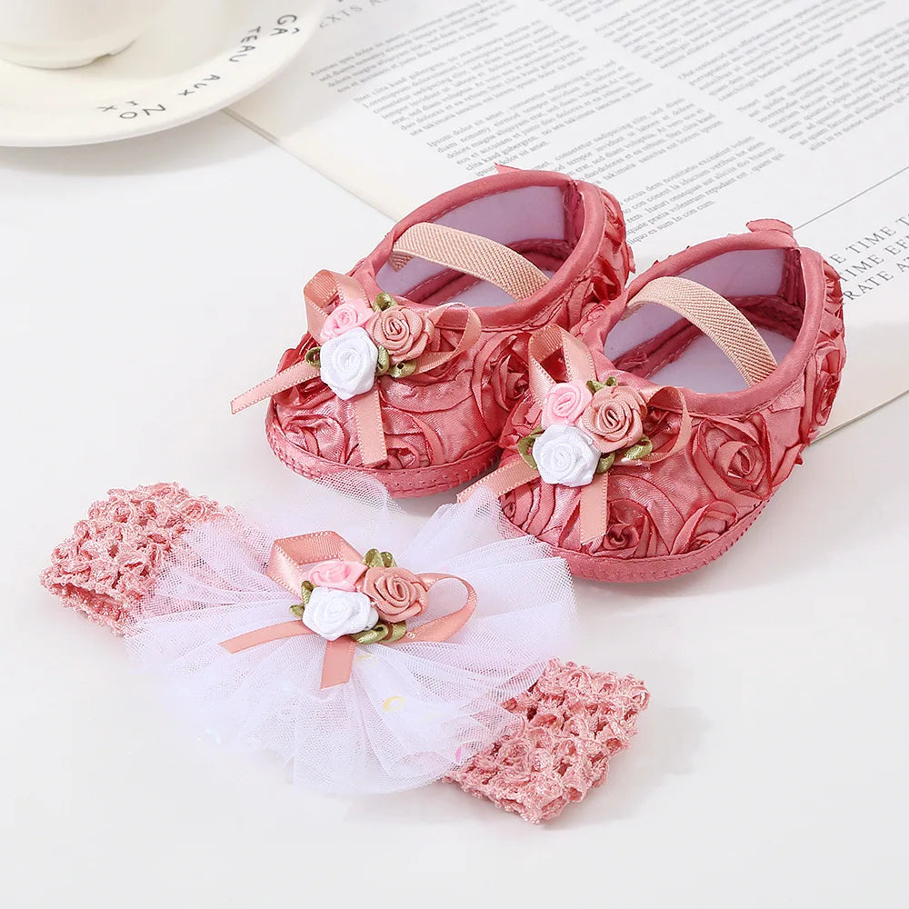 0~18M Cute Bowknot Newborn Baby Shoes Headband Set