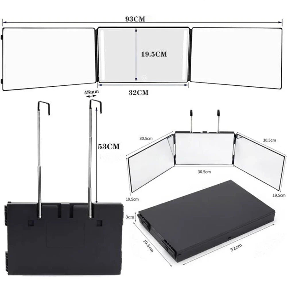 3-Way Trifold Hair Cutting Mirror with LED Lights