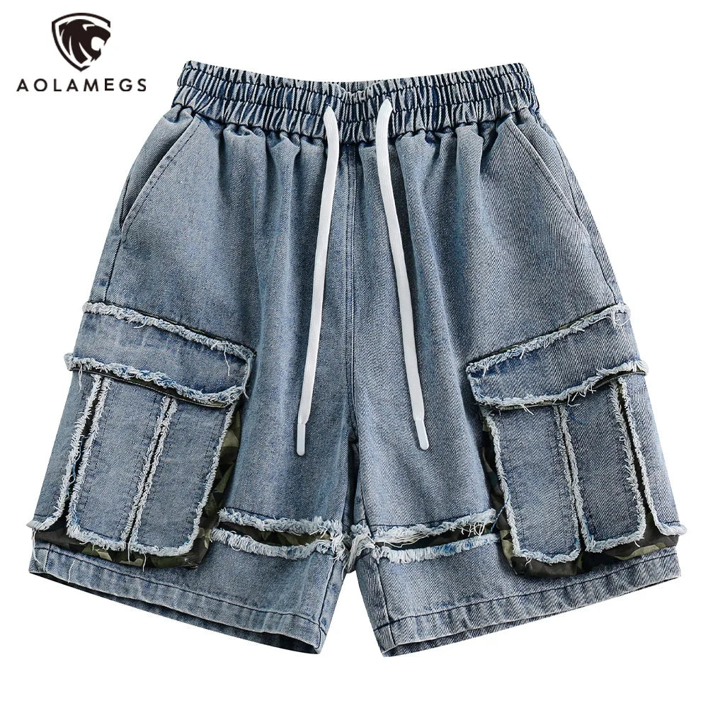 Streetwear Men Denim Shorts Tassel Three-dimensional Pocket Short