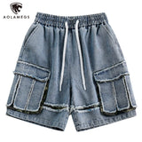 Streetwear Men Denim Shorts Tassel Three-dimensional Pocket Short
