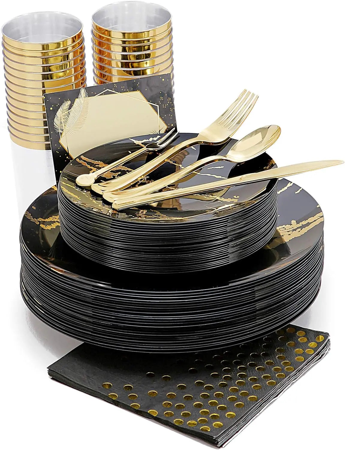 225pcs Gold Disposable Dinnerware Set, 25 Dinner Plates,