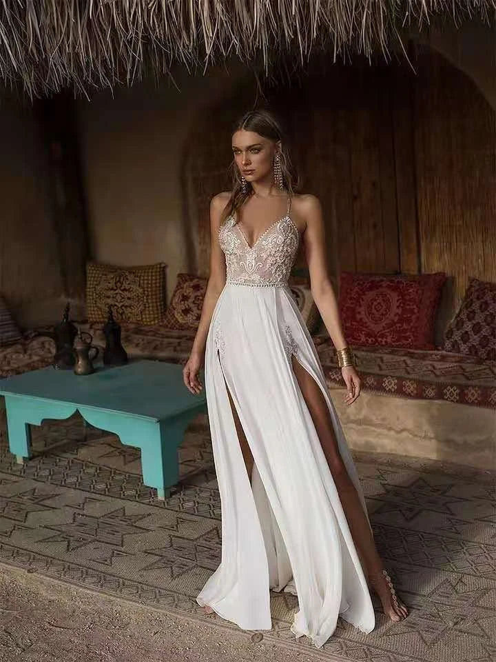 Boho Wedding Dress Sexy Slit Beach Wedding Dress