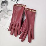 Fashion Chain Women' PU Leather Gloves Winter Warm