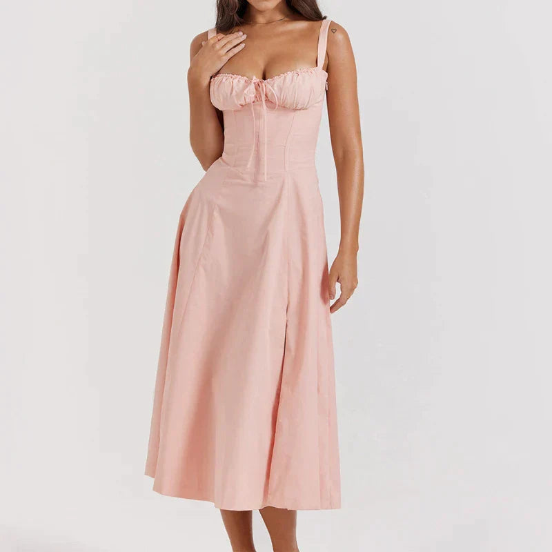 Women Summer Boho Spaghetti Straps Split Thigh Midi