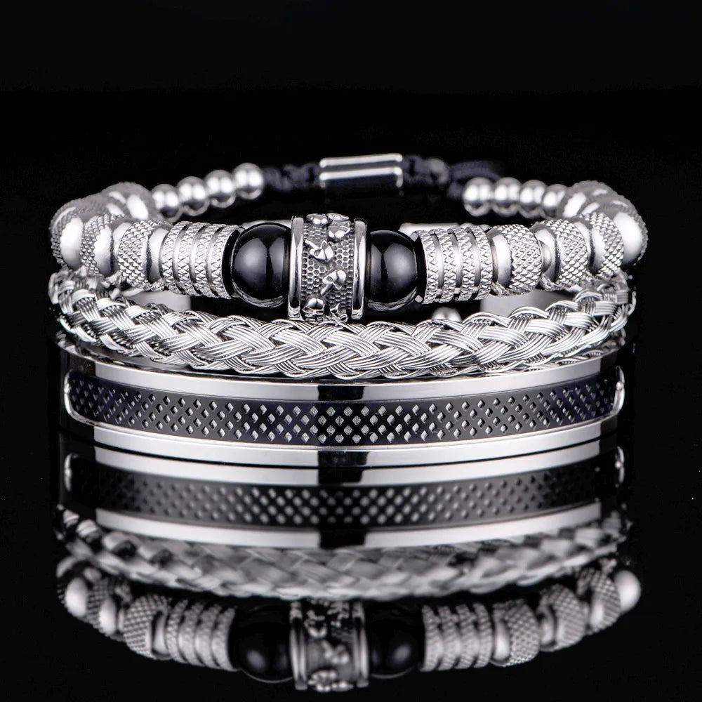 3pcs Set Men Bracelet Stainless Steel Handmade Rope