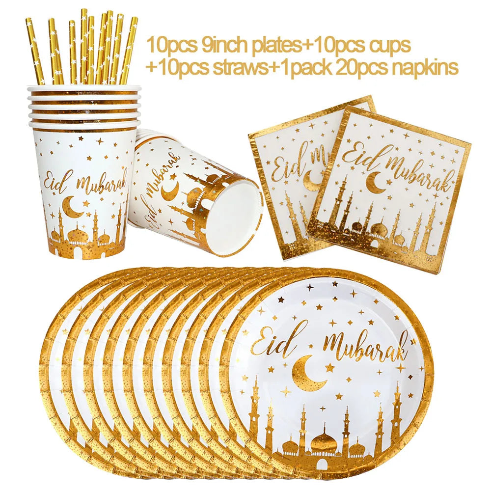 Gold Eid Mubarak Disposable Tableware Star Moon Gilded