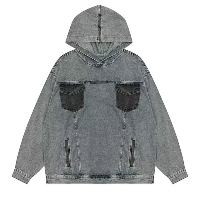 Japanese Denim Hooded Jacket Men Women Loose Casual