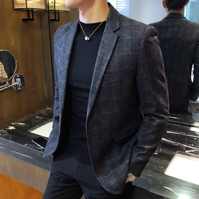 British's Style Vintage Plaid Blazer Men Casual Slim