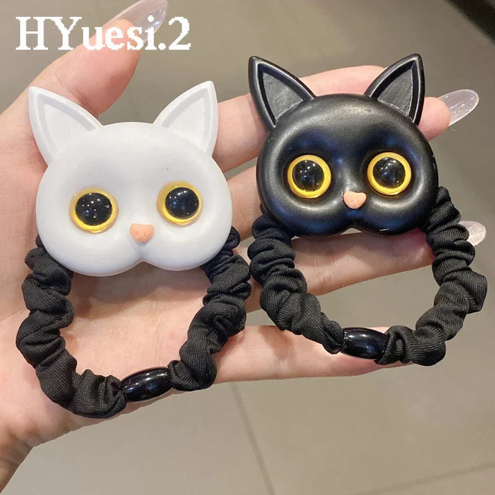 Cartoon Black White Cat Charms Hair Ties Kids