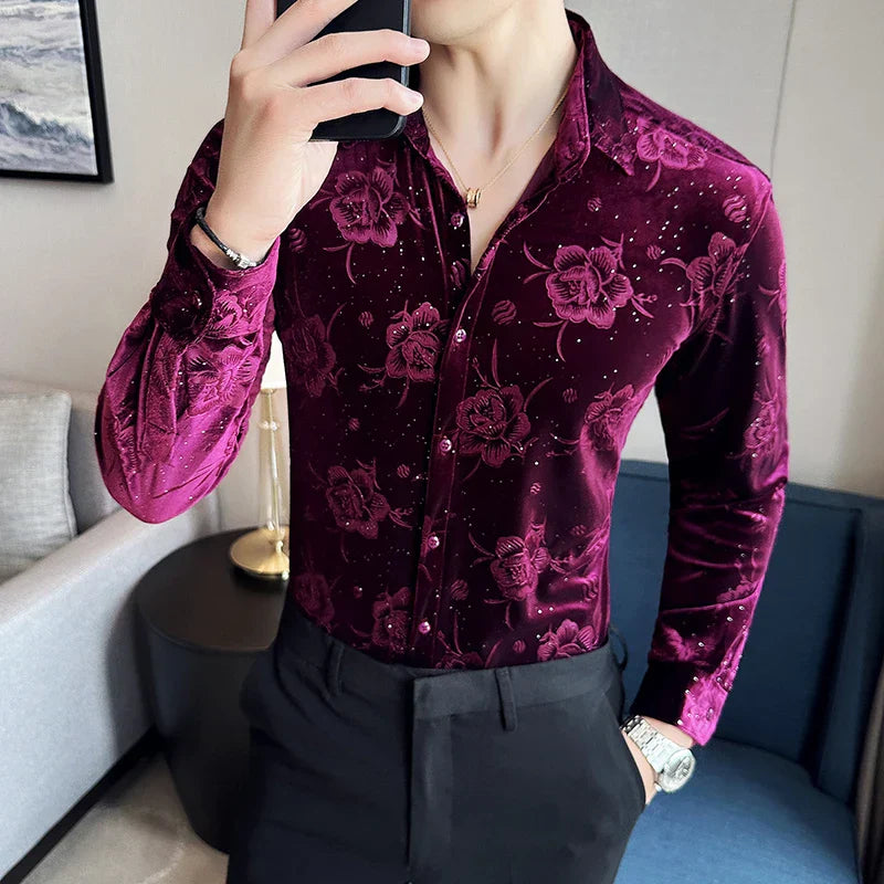 Men's Autumn Winter Velvet Flower Shirt New Luxury