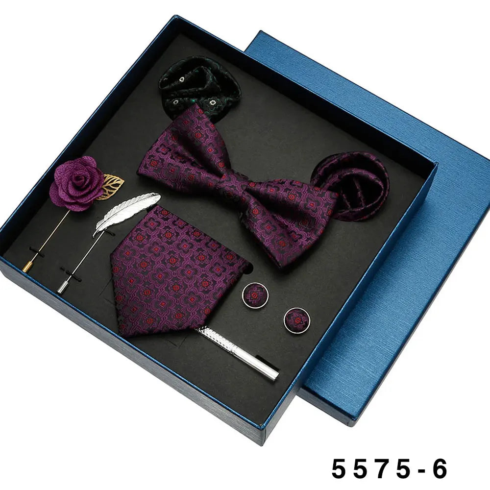 Black Mens Neck Tie Gift Set Bowtie Pocket