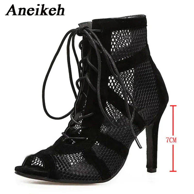 Aneikeh 7CM Middle Heel Dance Hollow Out Ankle
