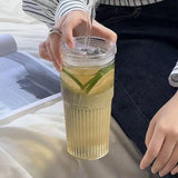 2pcs 600ml Stripe Glass Cup with Lid and