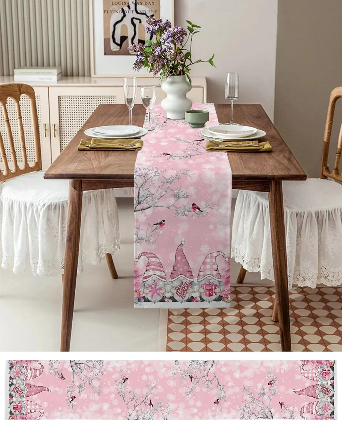 Christmas Gnome Snow Scenery Linen Table Runners Dresser