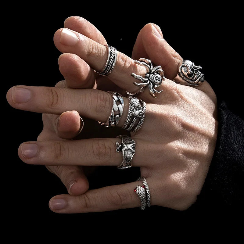 6Pcs Punk Poker Joker Silver Color Rings Set