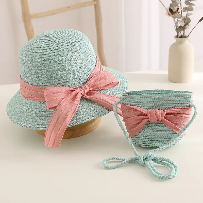 Kids Girls Straw Hat Handbag Set Wide Brim Lace Bow Sun Protection Cap  Summer Beach Bucket Cap Portable Handbag панама Gorras