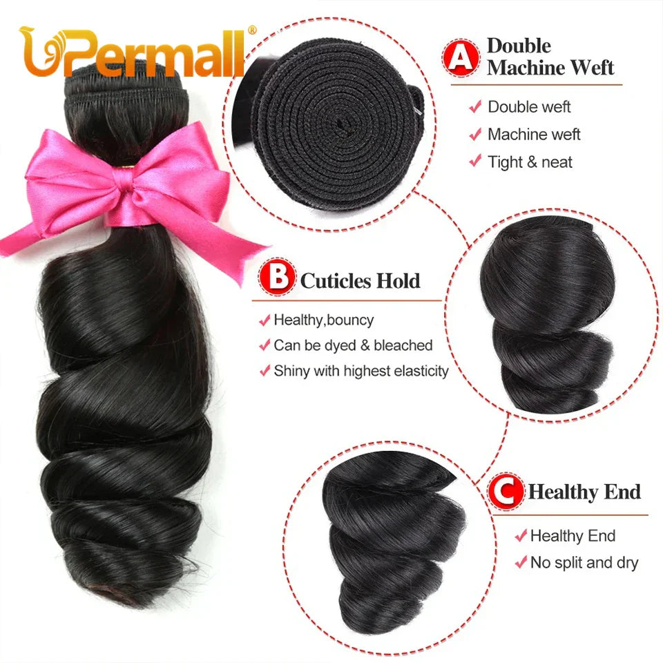 Upermall 3/4 Loose Wave Bundles with Closure Brazilian