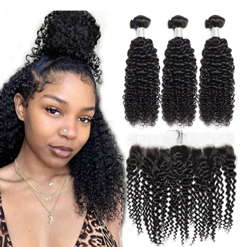 Elfriede Natural Black Kinky Curly Bundles with Frontal