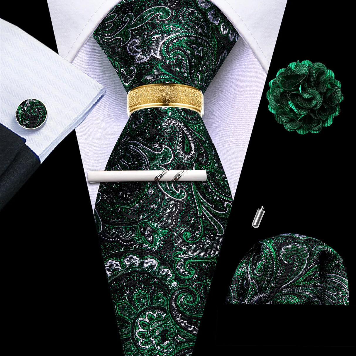 Barry.Wang Silk Mens Tie Hanky Cufflinks Clip Brooch
