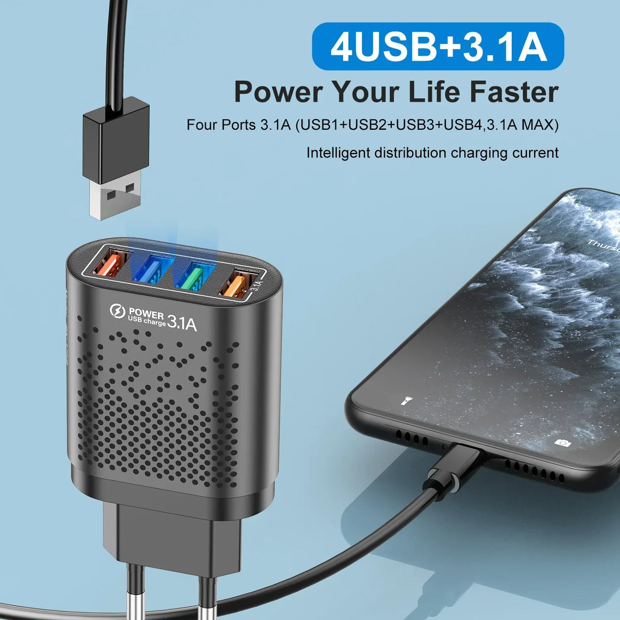 3.1A USB Charger Mobile Phone Adapter 4 Ports