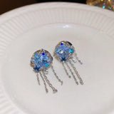 Exaggerated Blue Rhinestone Crystal Geometric Flower Long Tassel