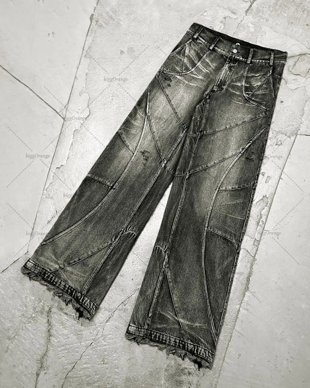 Y2K Tassel Jeans Men's Black Gray Washed Jeans