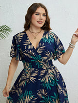 Plus Size Floral Print Wrapped VNeck Women Dresses