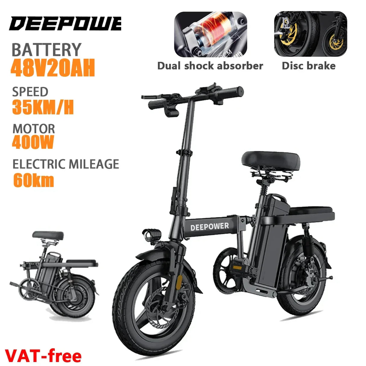 DEEPOWER 400W Mini Adults Electric Bike Bicycle 48V