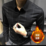 Spring Autumn Polo-neck Plaid Printed Bottoming Shirt Male