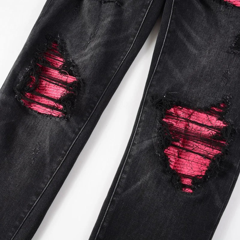 Men Cracked Leather Patch Biker Jeans Streetwear Pleated