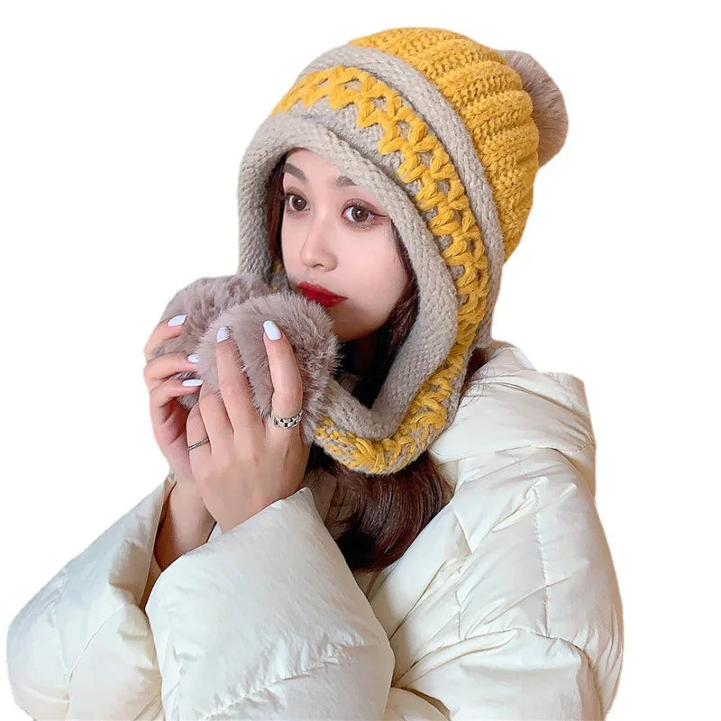 New Knitted Hat Thick Warm Earflap Hats Scarf