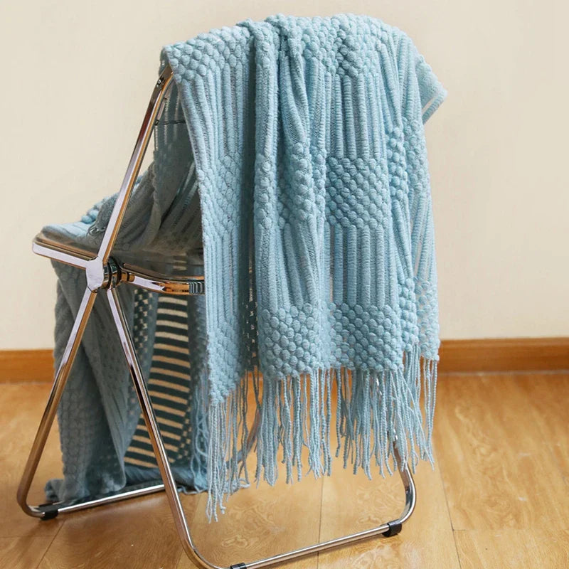 Textured Knitted Throw Blankets with Tassels Cozy Woven