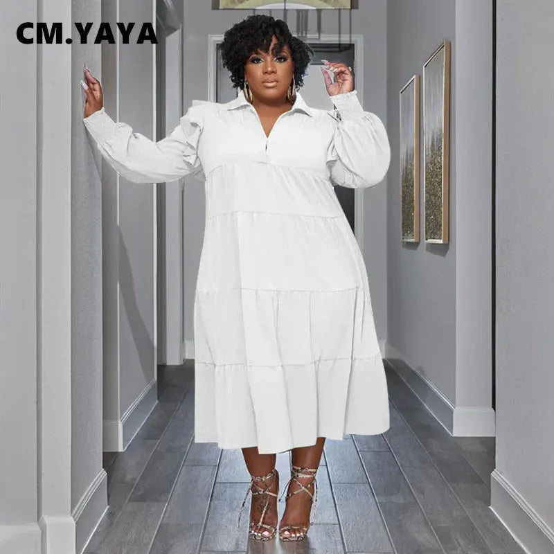 CM.YAYA Plus Size Vintage Women Long Sleeve Turn-down